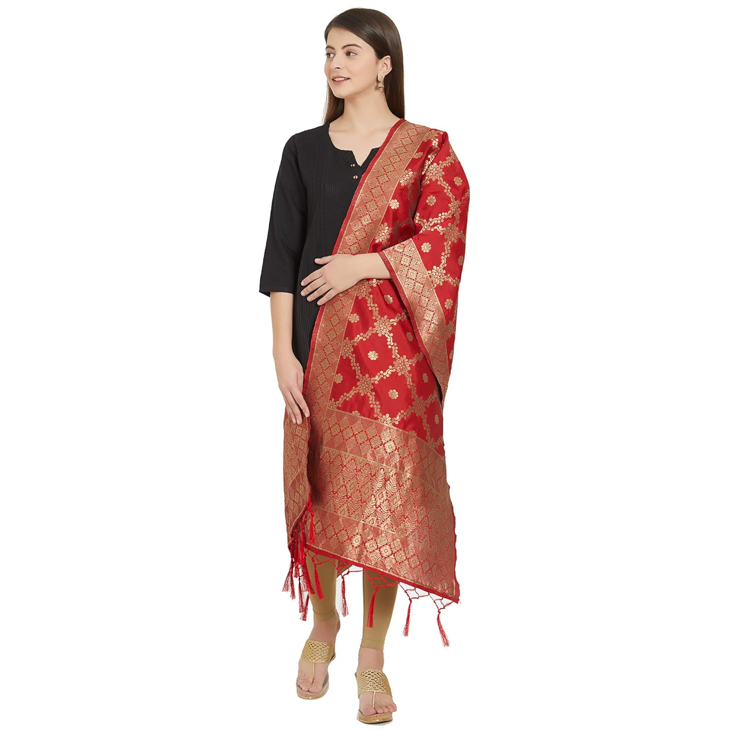 faserz women red woven design banarasi silk dupatta (fz-rr-04_red)