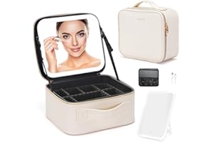ZhenGuiRu Travel Makeup Bag with LED Mirror – Waterproof Cosmetic Train Case with Adjustable Dividers, Portable Makeup Organizer and Toiletry Bag for Women, Pink Teens & Girls Gift