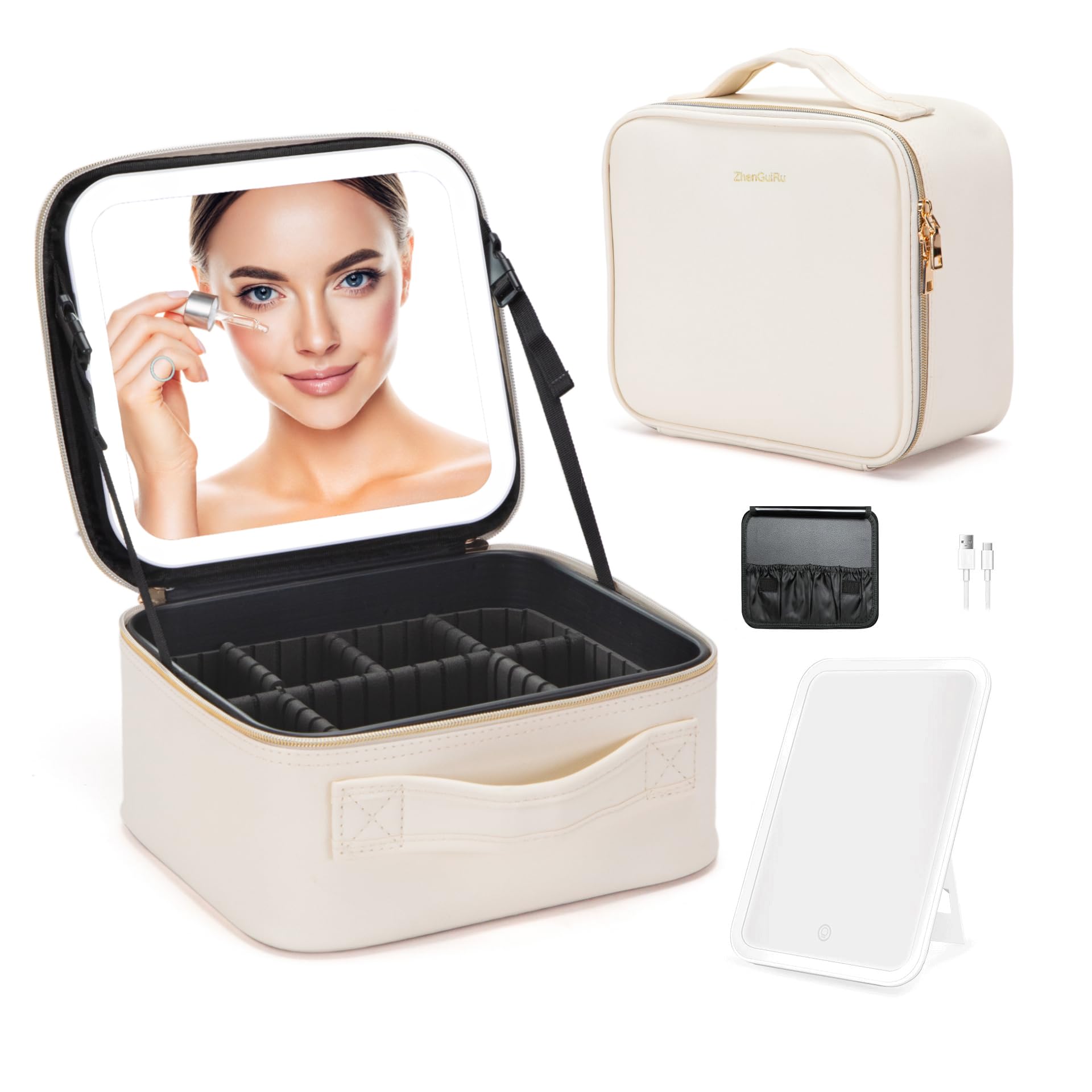 Photo 1 of ZhenGuiRu Travel Makeup Bag with LED Mirror – Waterproof Cosmetic Train Case with Adjustable Dividers, Portable Makeup Organizer and Toiletry Bag for Women, Pink Teens & Girls Gift