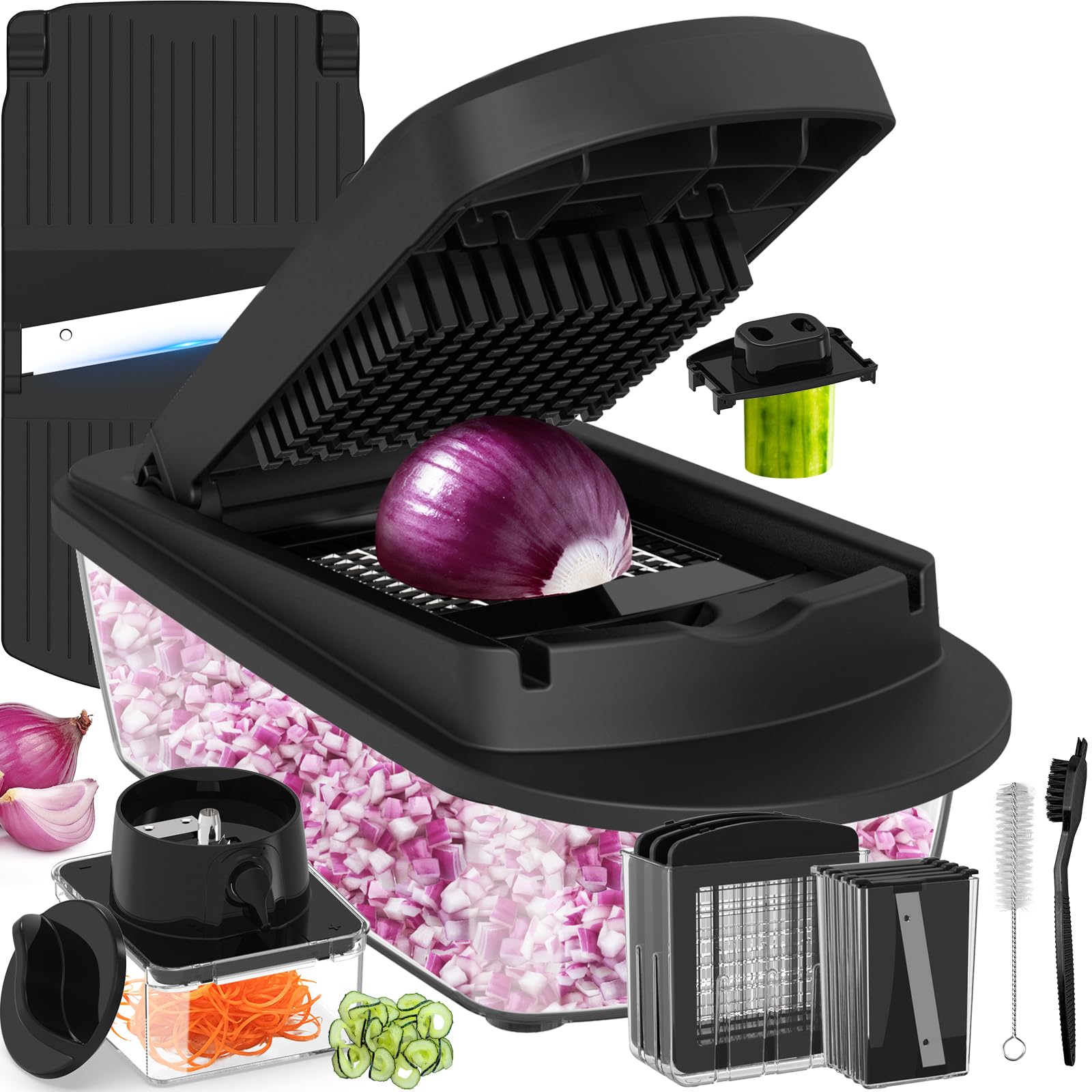 Photo 1 of 12 Blade All-in-1 Vegetable Chopper Mandoline Slicer with Container, Spiralizer with Containers, Food Chopper, Onion Chopper, Veggie Cutter for Salad, Kitchen Gadgets Accessories Essentials, Black