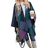 Bestshe Women's Boho Open Front Poncho Knitted Plaid Shawl Wrap Cape Tassel Cardigan Sweater