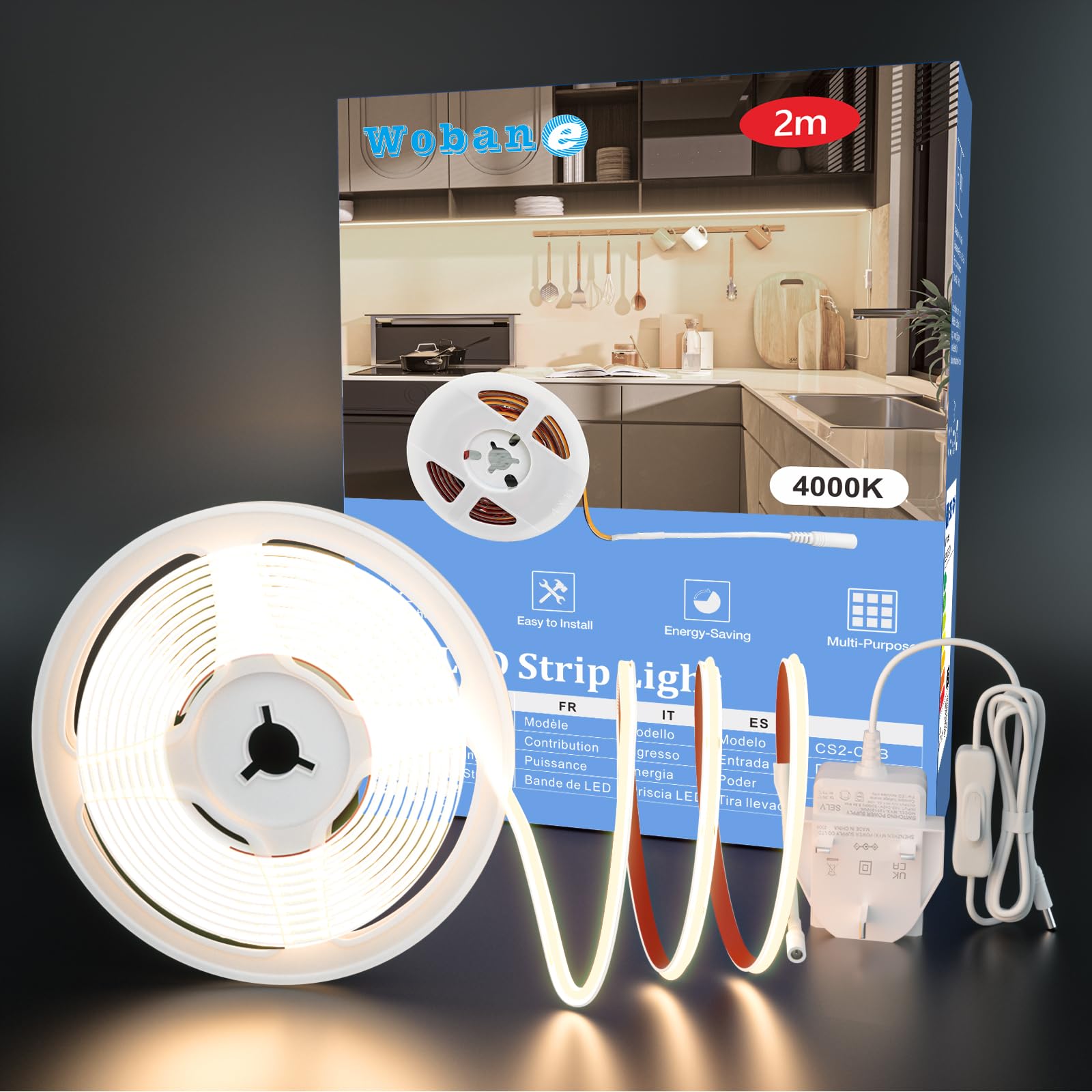 WOBANE 2m COB LED Strip Light,Super Bright 12V Under Cupboard Kitchen Lights,640LEDs,CRI90+,Natural White Under Cabinet Lighting for Kitchen,Counter,Bedroom,Desk,Shelf,Sink,Monitor Backlight,900lumen