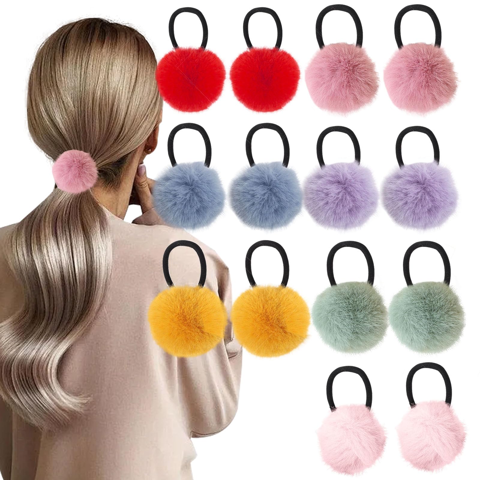 14PCS Plush Pom Pom Hair Ties - Velvet Elastic Scrunchies, Furry Faux Ponytail Holders for Women & Girls