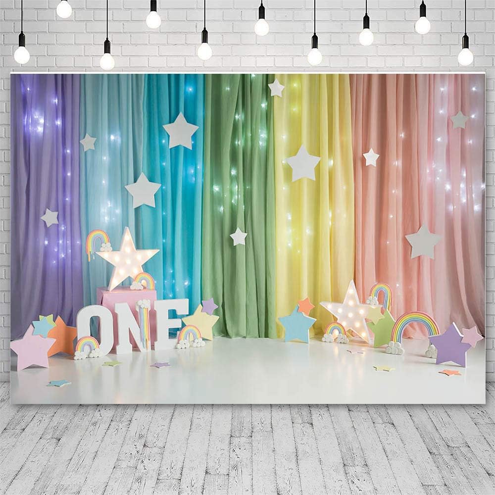 MEHOFOND 7x5ft Rainbow One Birthday 1st Girl Bday Hanging Stars Party Supplies Decoration Banner Photo Studio Props for Cake Smash - Image 4