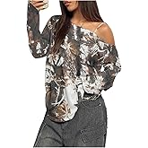 SOLY HUX Women's Camo T-Shirts Long Sleeve Cold Shoulder Loose Tee Shirts Vintage Streetwear