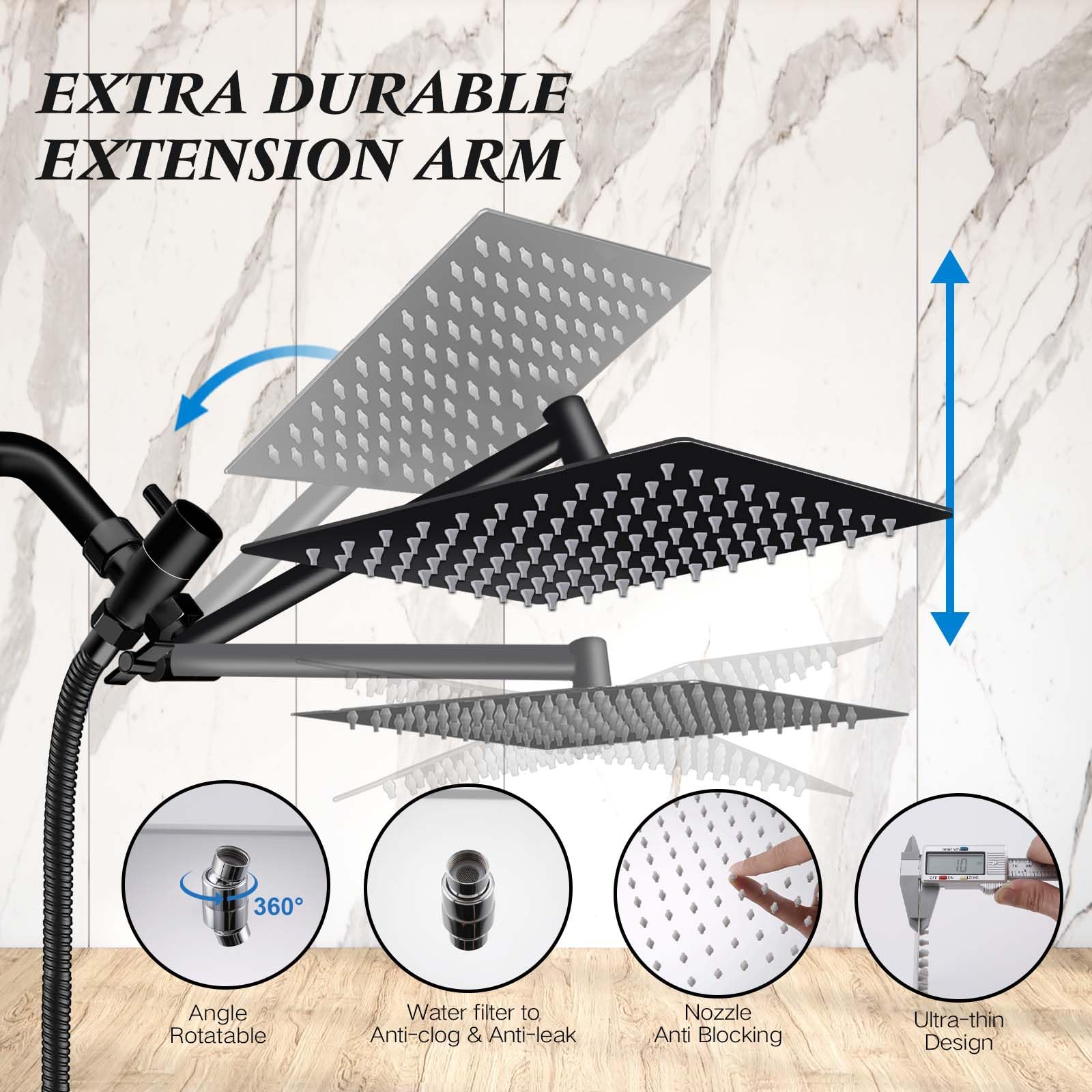 Shower Head, 8 inch Multifunction High Pressure Rain Shower Head with Handheld Spray Combo with 11'' Angle Adjustable Extension Arm/Flow Regulator/Shower System Matte Black