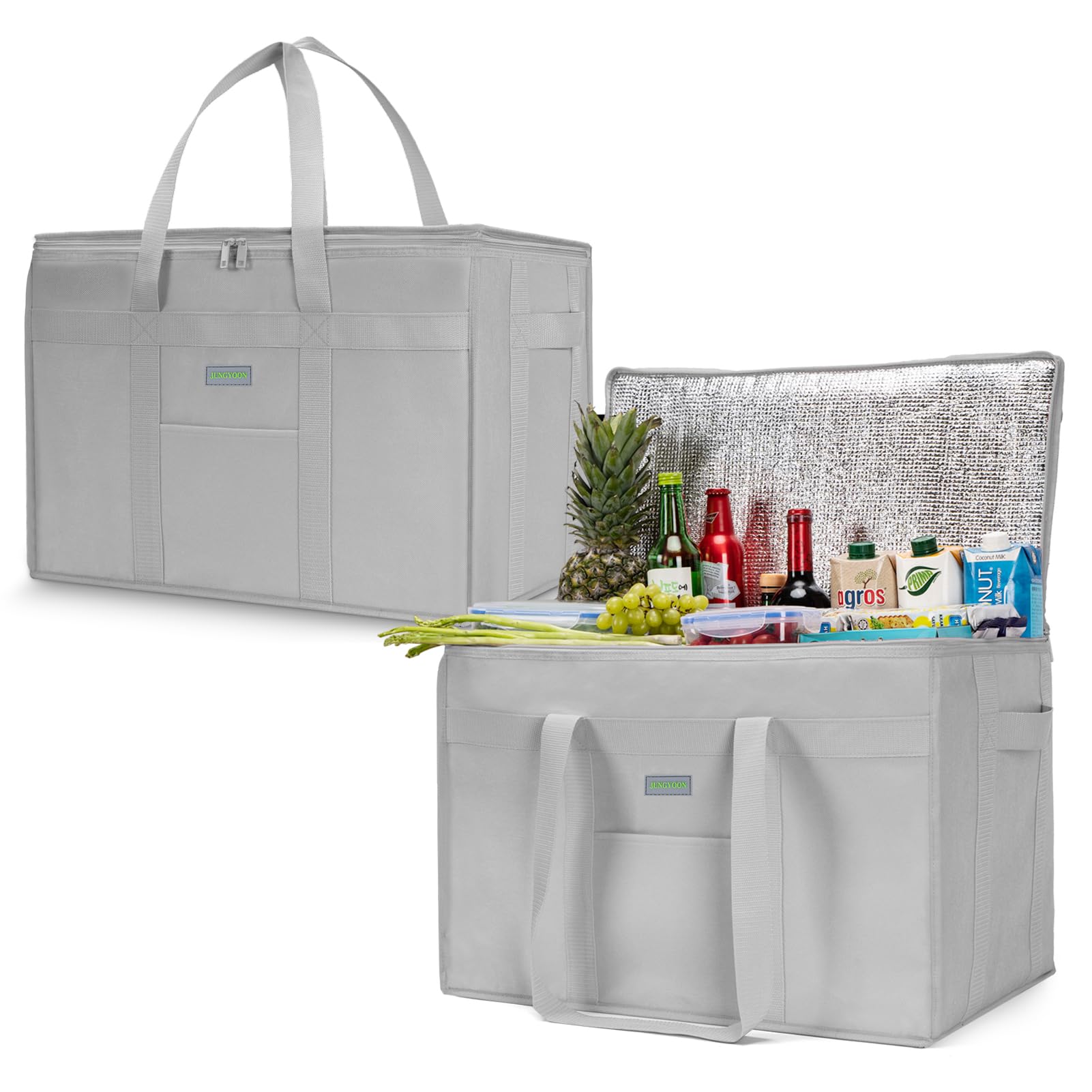 Photo 1 of JUNGYOON 2-Pack Heavy-Duty Insulated Grocery Bags & Food Delivery Bag – Collapsible Cooler Bag with Zippered Top | Reusable Shopping Bags for Groceries, Picnics, Easy Storage(XXXL Grey)