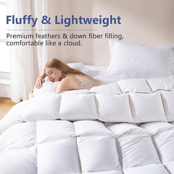 DOWNCOOL OVERSIZED QUEEN FEATHER DOWN FIBER COMFORTER, 100% COTTON COVER ULTRA SOFT FLUFFY DUVET INSERT, ALL SEASON HOTEL STYLE BEDDING COMFORTERS WITH CORNER TABS, WHITE 98″X98″