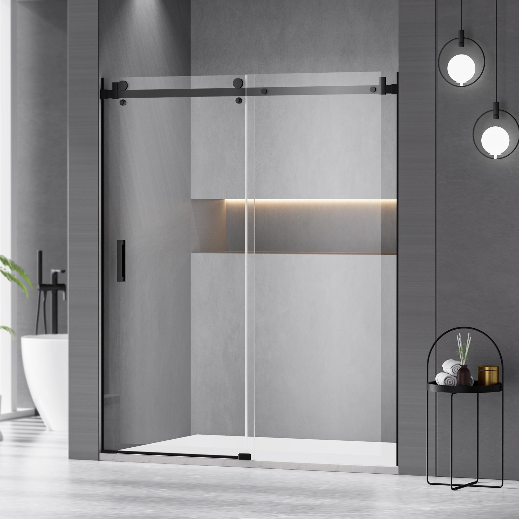 Photo 1 of 56-60" W x 72" H Shower Door,Frameless Sliding Shower Door with 1 Handle,Shower Glass Door with 5/16" (8mm) Clear SGCC Tempered Glass, Stainless Steel Hardware,Matte Black