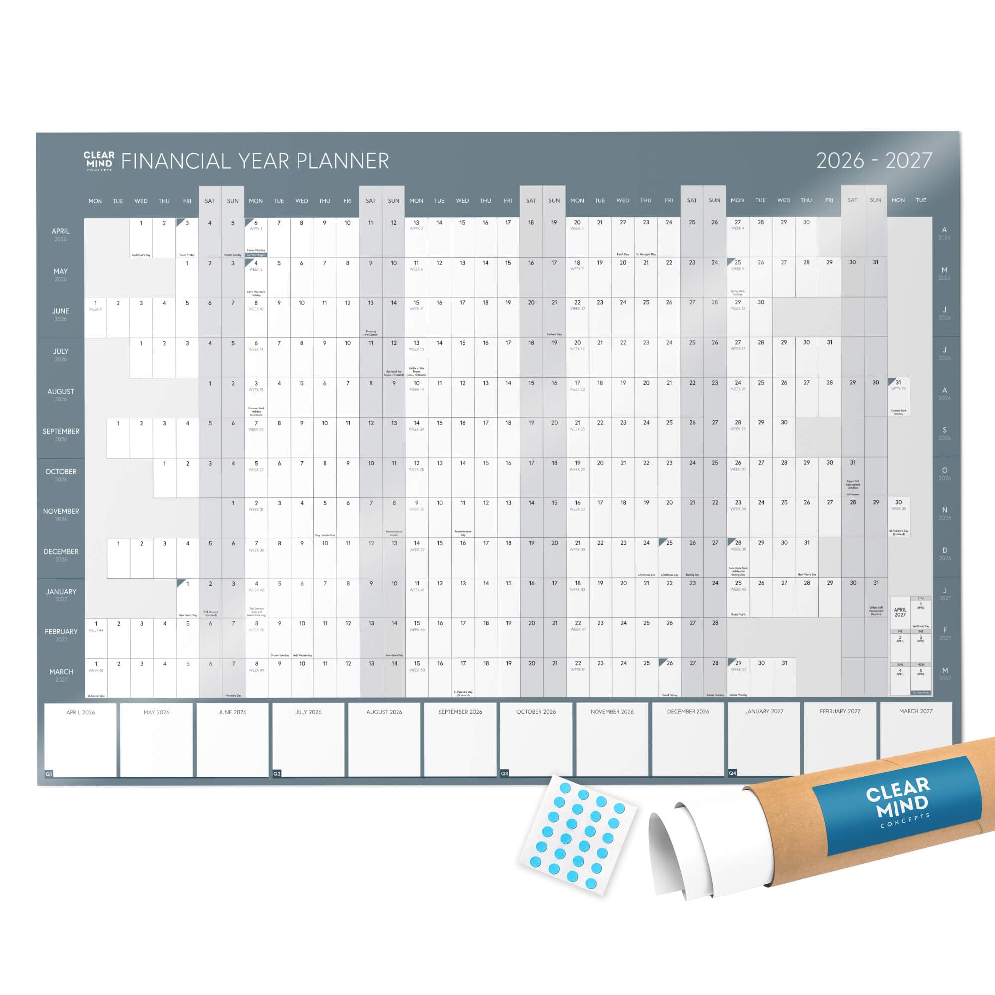 Financial Year Wall Planner 2026 2027 A2 Laminated Dry Wipe Calendar 42 x 59.4cm Fiscal Planning Chart Rolled for Delivery by Clear Mind Concepts®