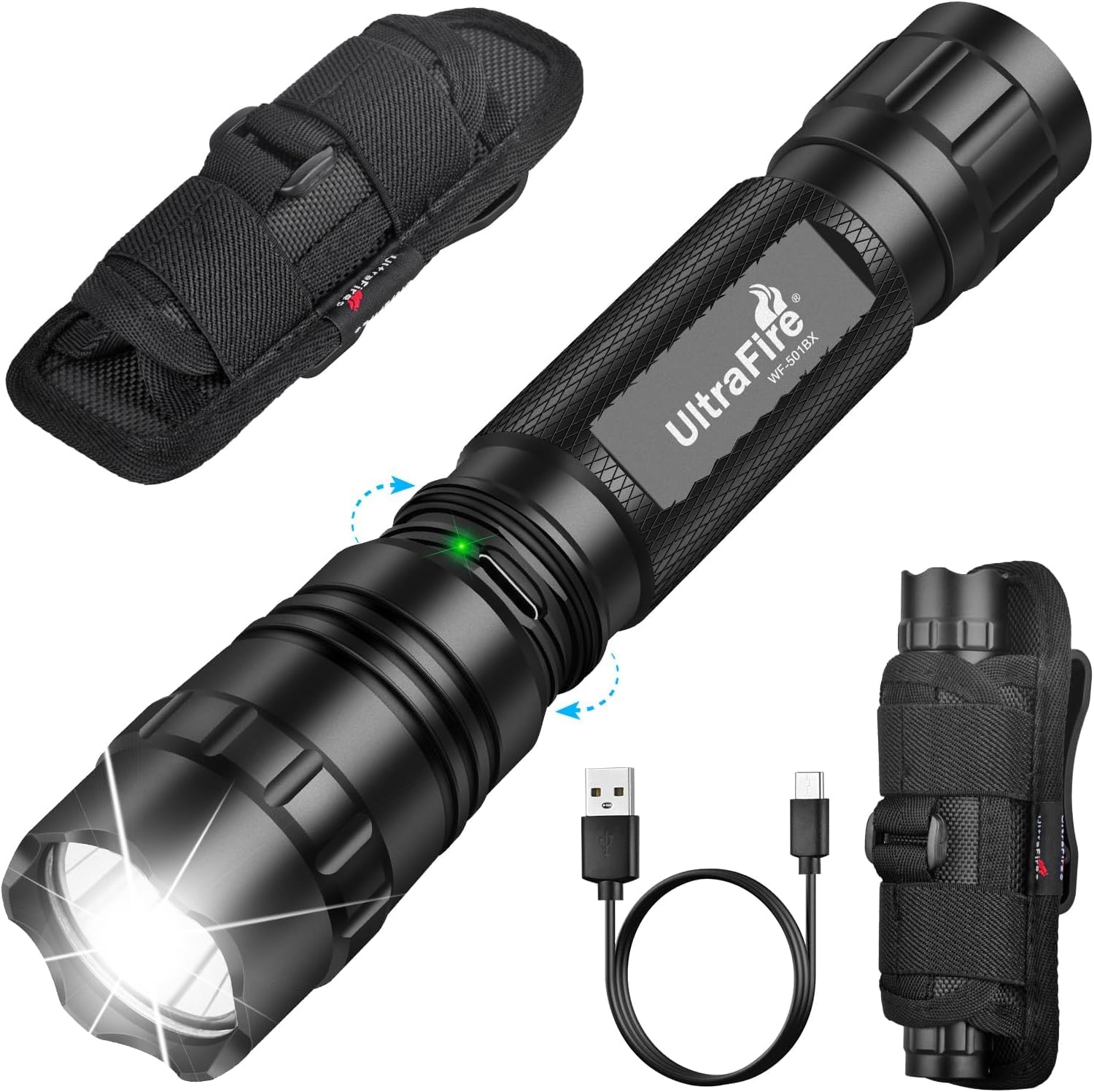 ULTRAFIRE Rechargeable Tactical Torch with Holster for Duty Belt, 1000 Lumens Police Torch with Belt Holster, 3 Modes for Security, Law Enforcement, Camping, Outdoor, WF-501BX