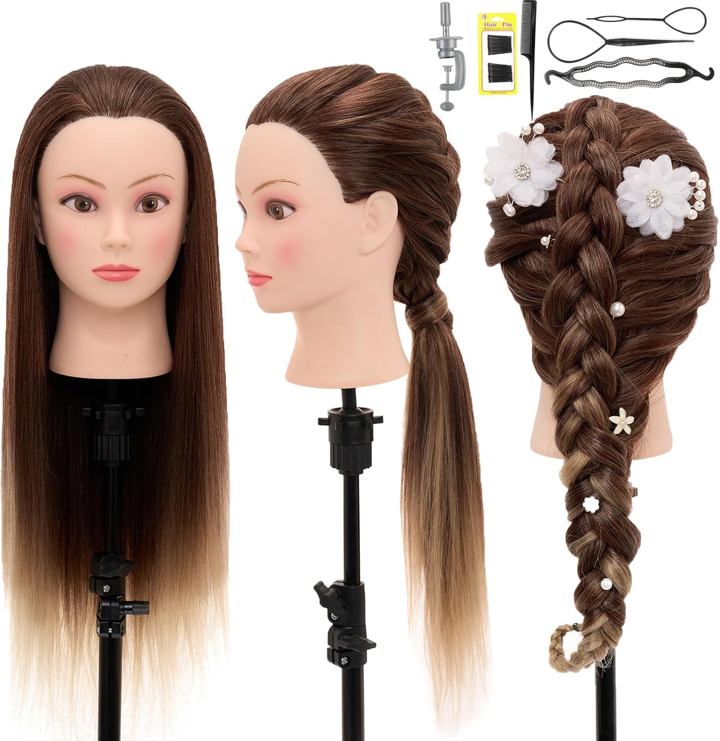 Neverland Beauty & Health Styling Head Training 26inch Doll Stand for Hairdressers Practice Wig Adjustable Metal Tripod Make Up with Eyelashes