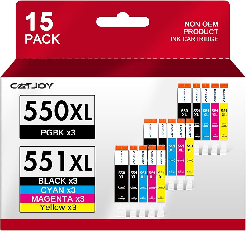 CATJOY 550 551 XL Ink Cartridges 15-Pack for Canon PGI-550 CLI-551 (XL)