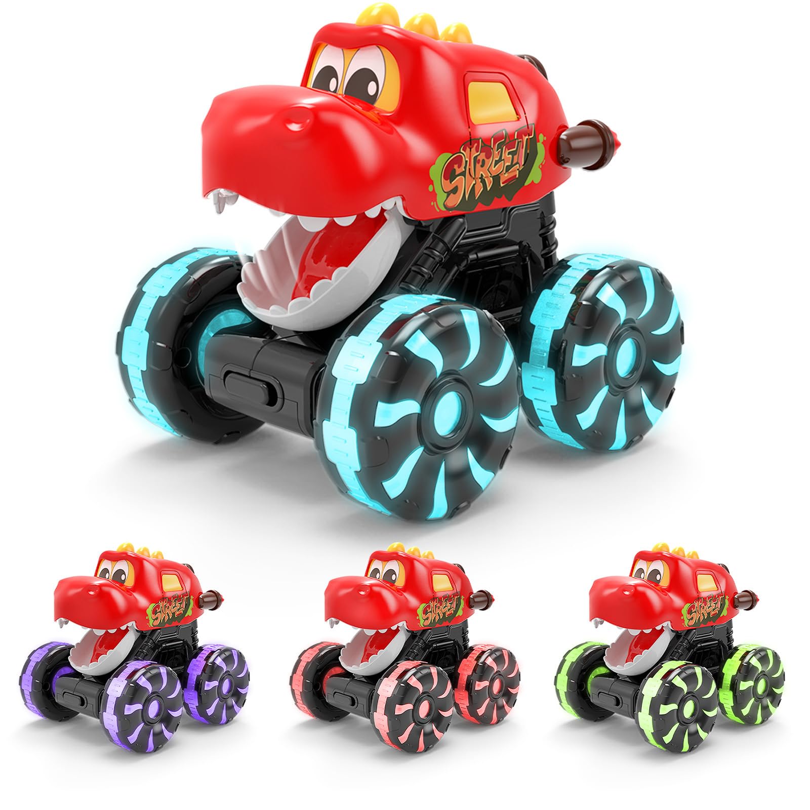 Intoypad Red Chomping Dino Monster Truck Toy – Press and Go Car with LED Light Wheels – Light-Up Push Car for Toddlers Boys Girls Ages 2 3 4 5 – Dinosaur Toy with Moving Mouth Action