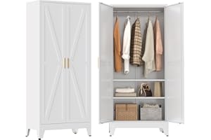 BEVIVOG Metal Wardrobe Closet with Doors and Shelves, 71" Farmhouse Bedroom Armoire with Hanger Rod and Clothing Shelf, White Steel Wardrobe Cabinet Storage Clothes Closet