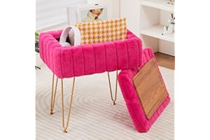 Wimarsbon Faux Mink Fur Storage Ottoman, Modern Soft Footstool, Storage Bench with Metal Legs, Vanity Seat, Fur Stool, Ottoman Coffee Table, Makeup Chair, Vanity Stools for Bedroom (Rose Red)