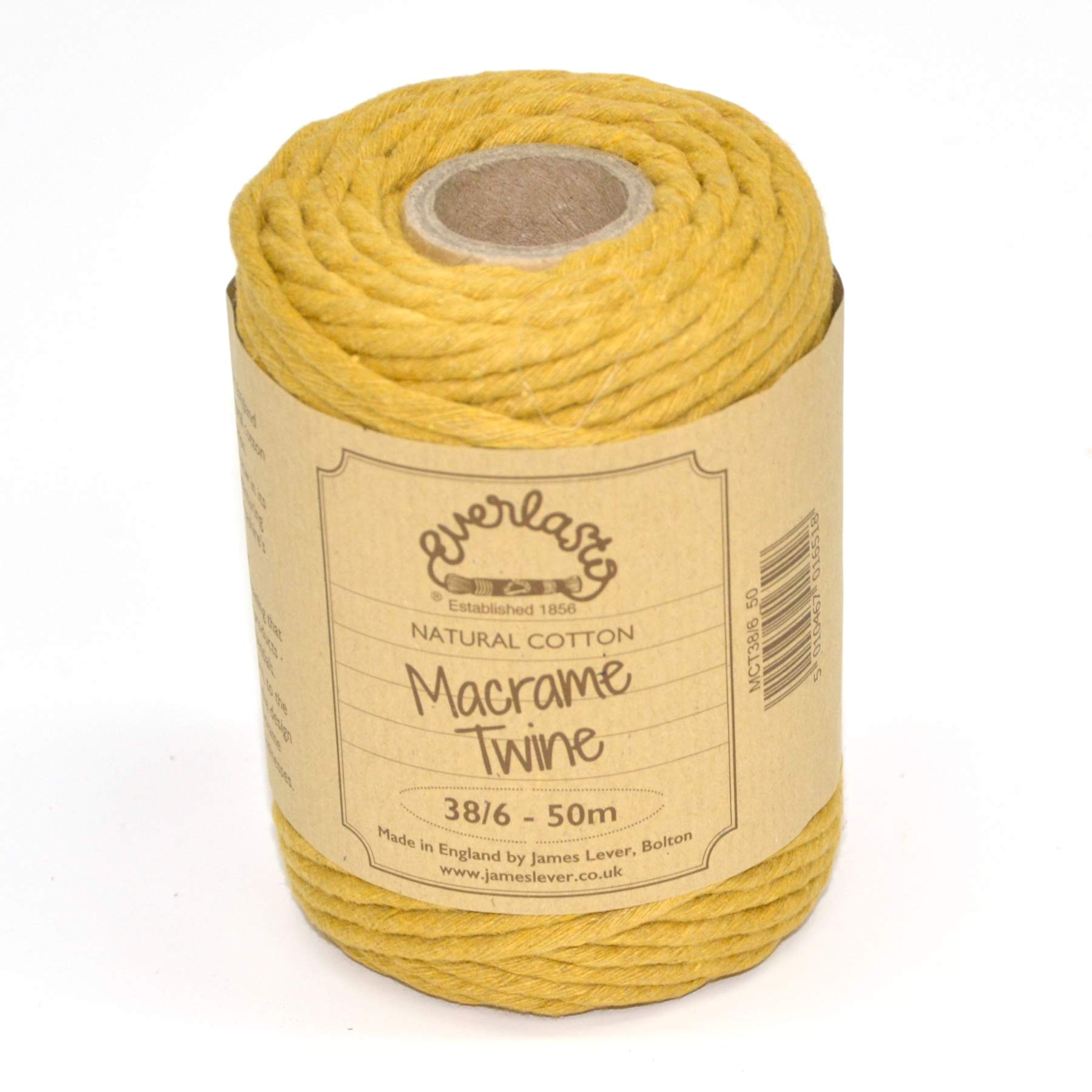 50M Spools - Everlasto Single Twist Soft Cotton Coloured Macrame Craft Twine 38/6 (4mm approx) (York Gold)