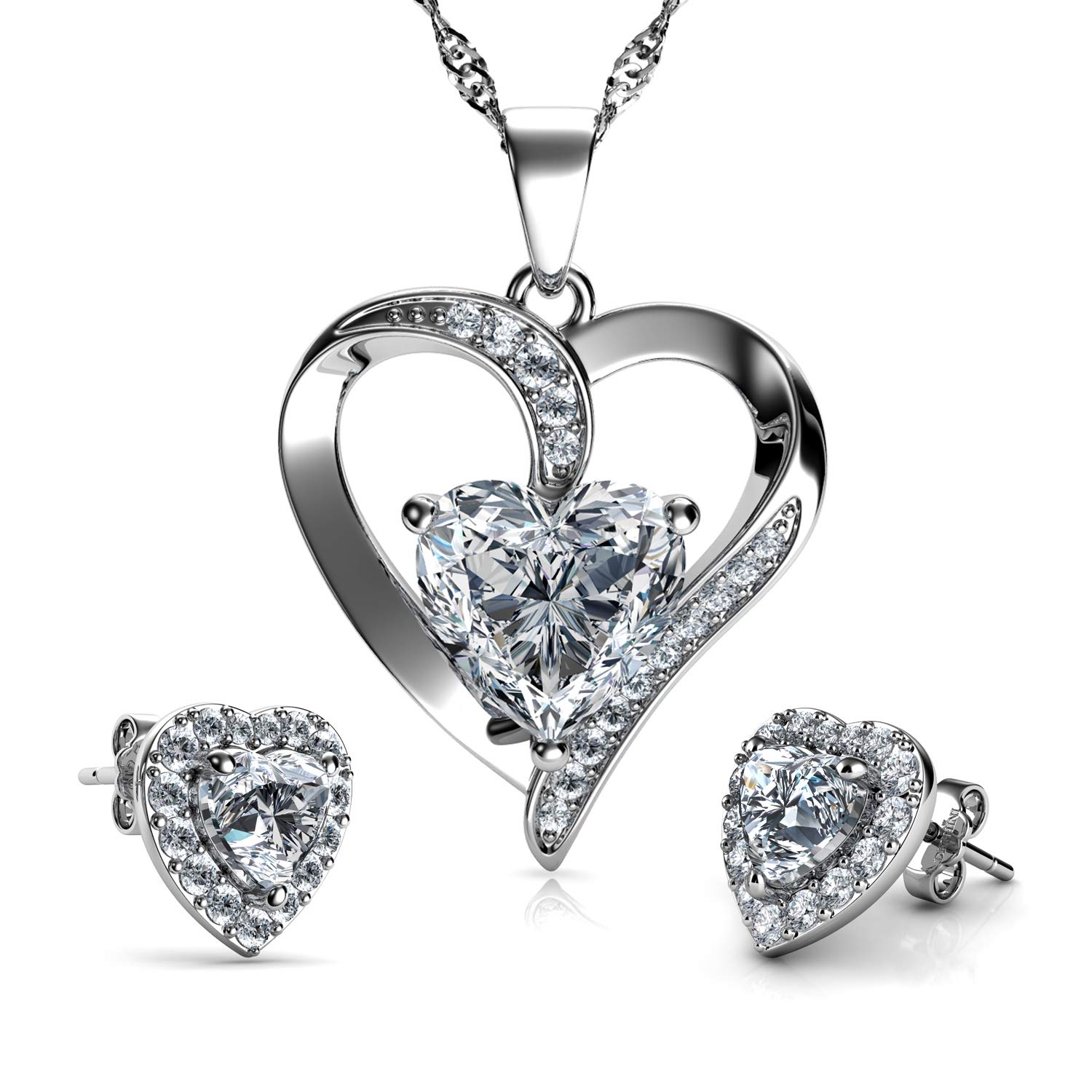 DEPHINI - Jewellery Set Heart Necklaces with stud Earrings - 925 sterling silver Double Hearts Pendant for Women - Cubic Zirconia - Rhodium Plated (White set 3)