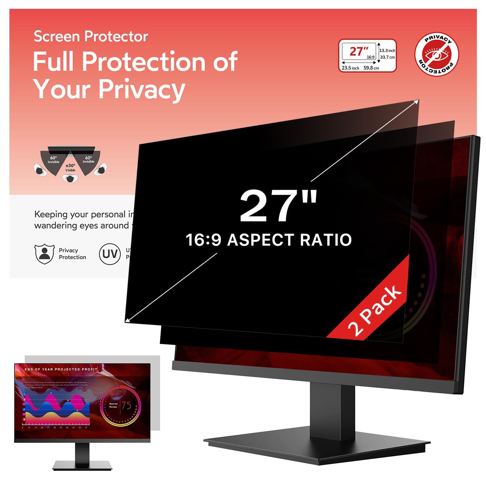 Photo 1 of bersem 2 Pack 27 inch Removable Computer Privacy Screen Filter for 16:9 Ratio Monitor, Anti-Spy, Anti-Glare, Anti-Scratch, UV-Blocking