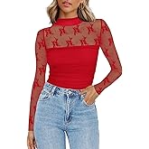 Yousify Womens Mock Neck Mesh Top Floral Lace Long Sleeve Tops Sheer See Through Sexy Going Out Shirts