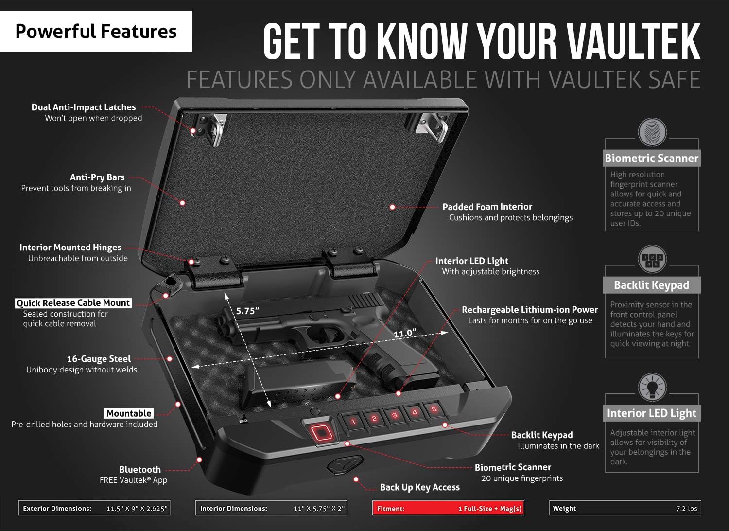 VAULTEK VT20i Biometric Handgun Safe Bluetooth Smart Pistol Safe with Auto-Open Lid and Rechargeable Battery (Covert Black): Home Improvement