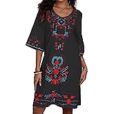 Mexican Embroidered Plus Size Boho Dress for Women Summer 3/4 Sleeve Floral Fiesta Casual Dresses for Mothers