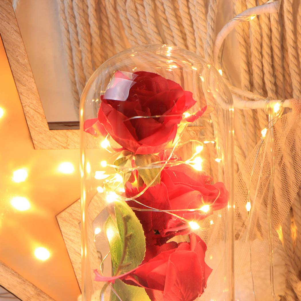 Beauty and The Beast,FunPa 3PC Forever Flower and Warm White LED Light with Fallen Petals in Glass Dome on a Wooden Base Best Gift for Valentine\'s Day Birthday Anniversary Valentine\'s Day