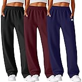 Neer 3 Pack Womens Wide Leg Sweatpants Lounge Athletic Joggers Elastic Waist Baggy Straight Leg Long Pants with Pockets(Black, Prussian Blue, Wine Red,XX-Large)