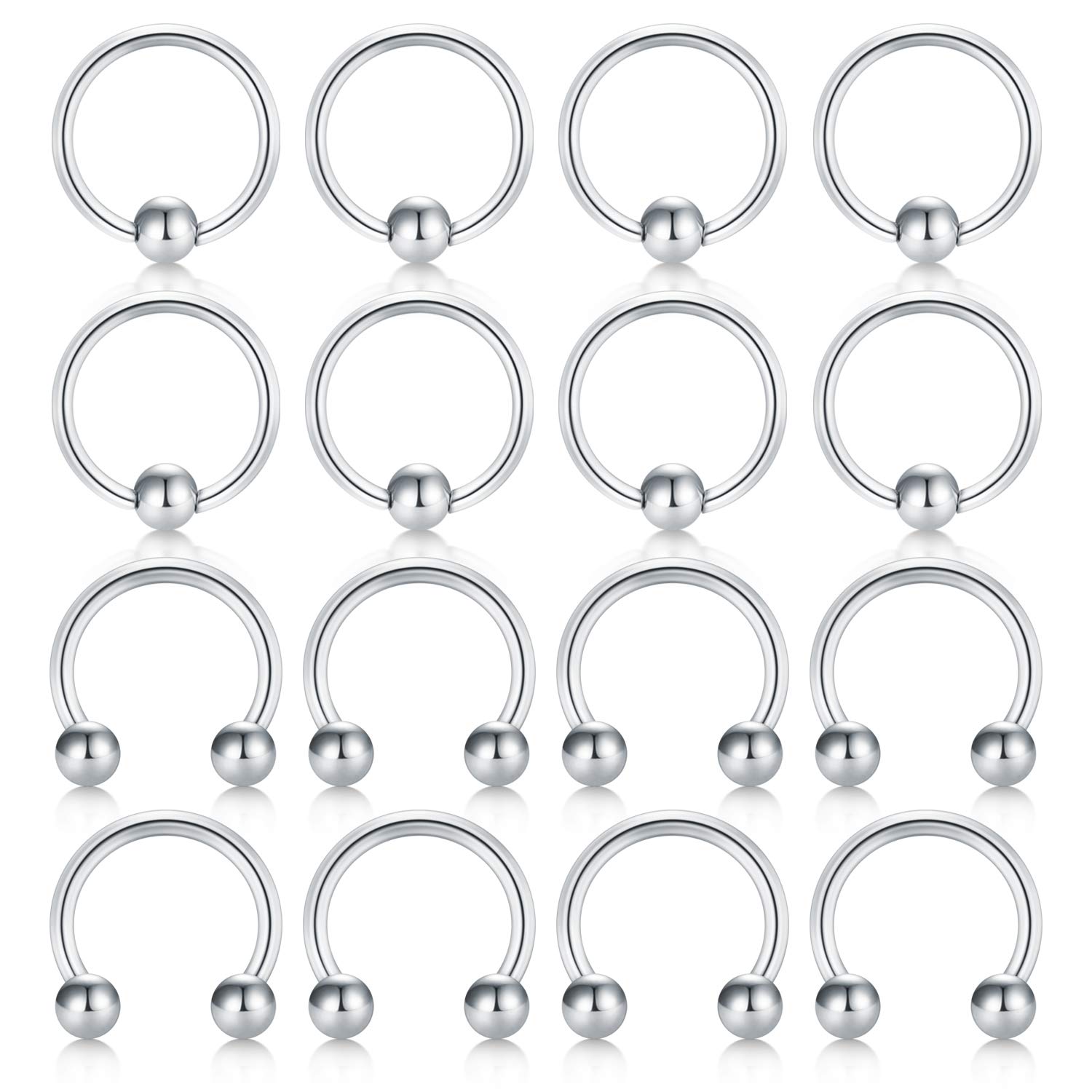 Briana Williams 16PCS 14G Surgical Steel Horseshoe Captive Bead Nose Hoop Ring Septum Eyebrow Lip Nipple Tongue Belly Rings Piercing Jewelry