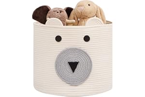 MELLBAY Cotton Rope Storage Basket, Cute Bear Toy Basket with Handles, Nursery Storage, Baby Laundry Basket, Clothes, Towels, Animal Baskets as Gift for Kids, christmas baskets, White, 16”(D) x 14”(H)