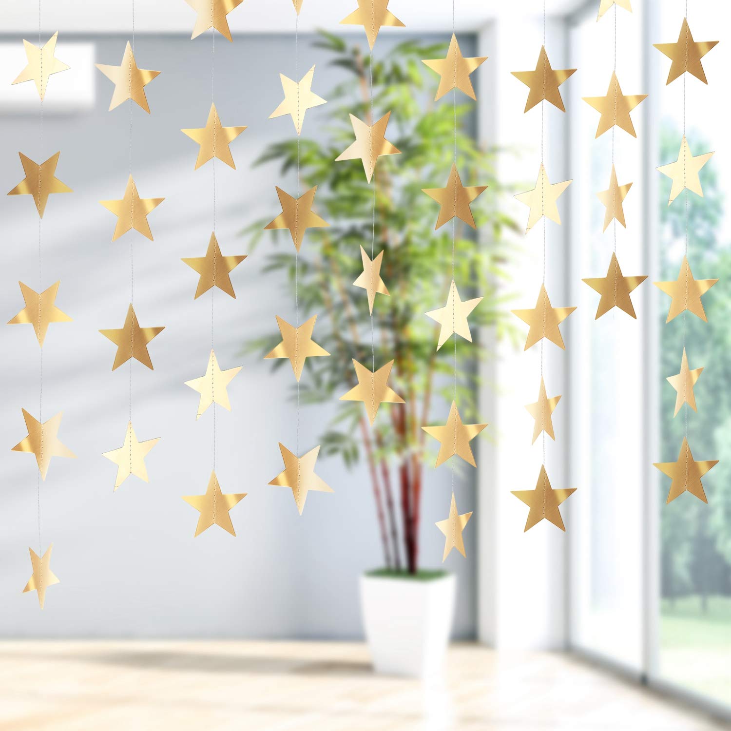 Patelai Glitter Star Garland Banner Decor 130 Feet Star Hanging Bunting Banner Twinkle Backdrop for Classroom Baby Shower Wedding Birthday Christmas Party Supplies(Champagne Gold)