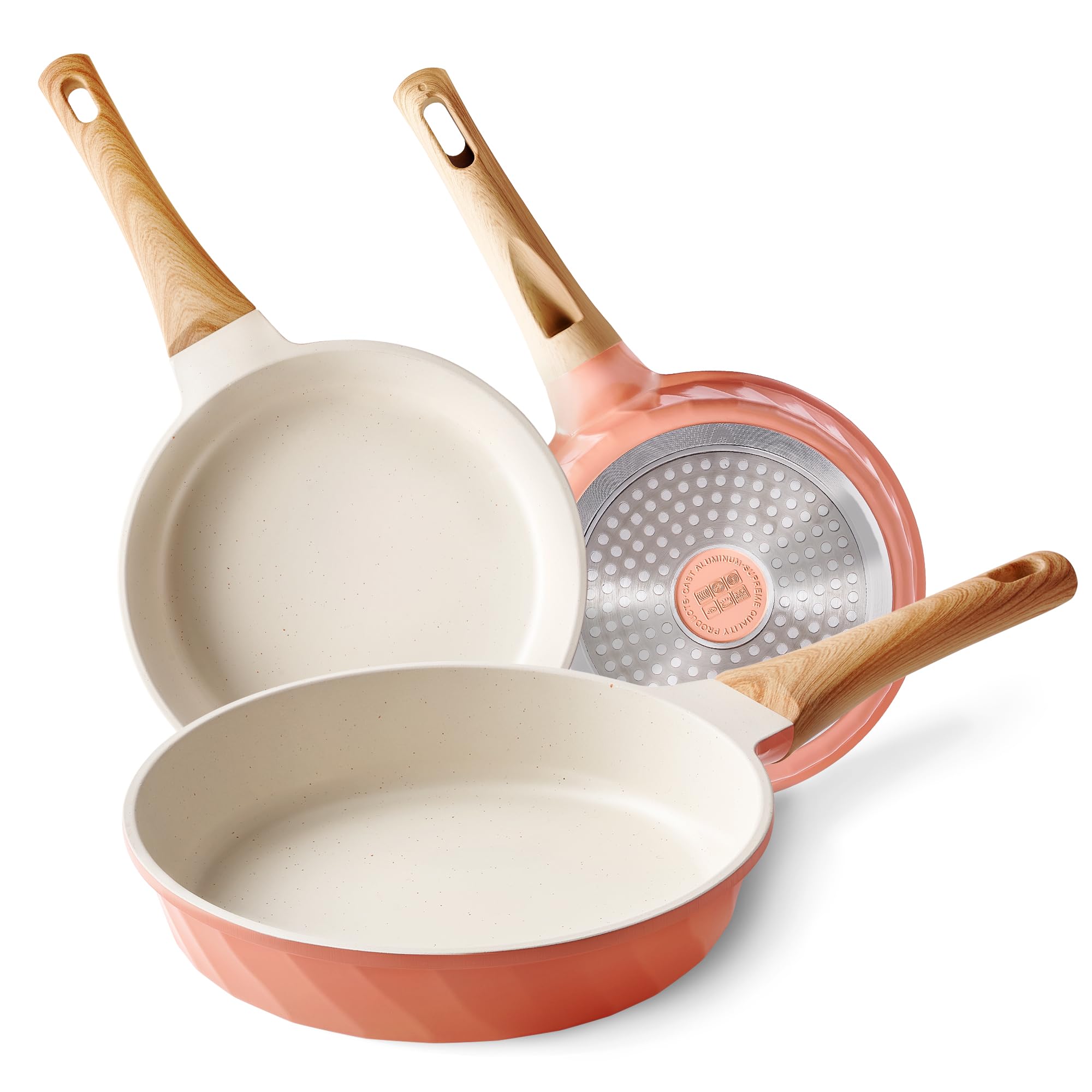 Photo 1 of **LARGEST PAN HAS DAMAGES ON THE INSIDE ON THE BOTTOM(SCRAPES & SCRATCHES)** YIIFEEO Frying Pans Non stick - 3 PCS Nonstick Frying Pan Set Omelette Pans for Cooking Set, Granite Skillet Set Kitchen Induction Cookware Chef's Pan Gift, 8", 9.5" &11", Coral 