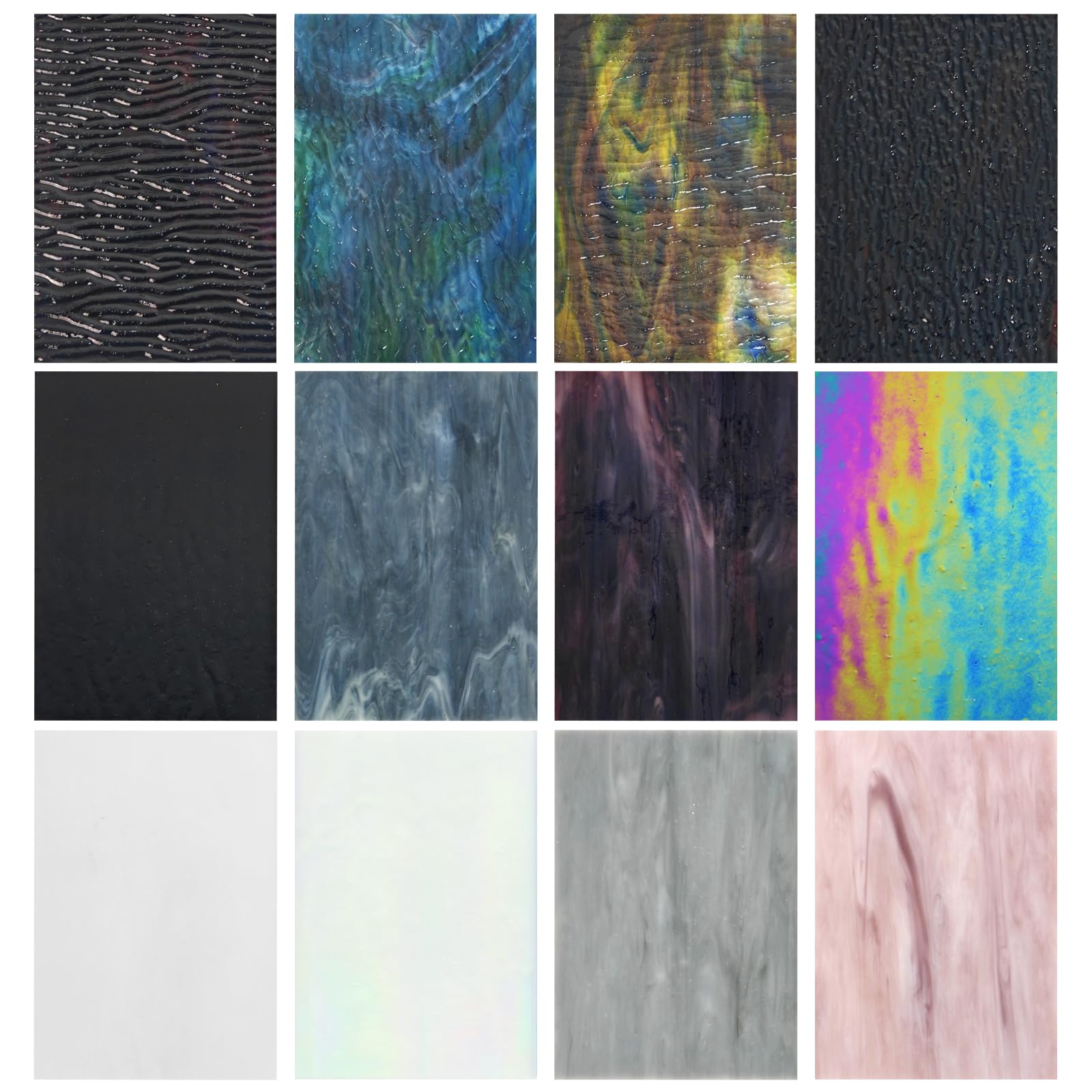 12 Pcs Stained Glass Sheets, 4 x 6 inch Cathedral Stained Glass Sheets, Art Bubble Glass, Mosaic Tiles Crafts for DIY Glass Craft Lovers (Black&White Mixed)