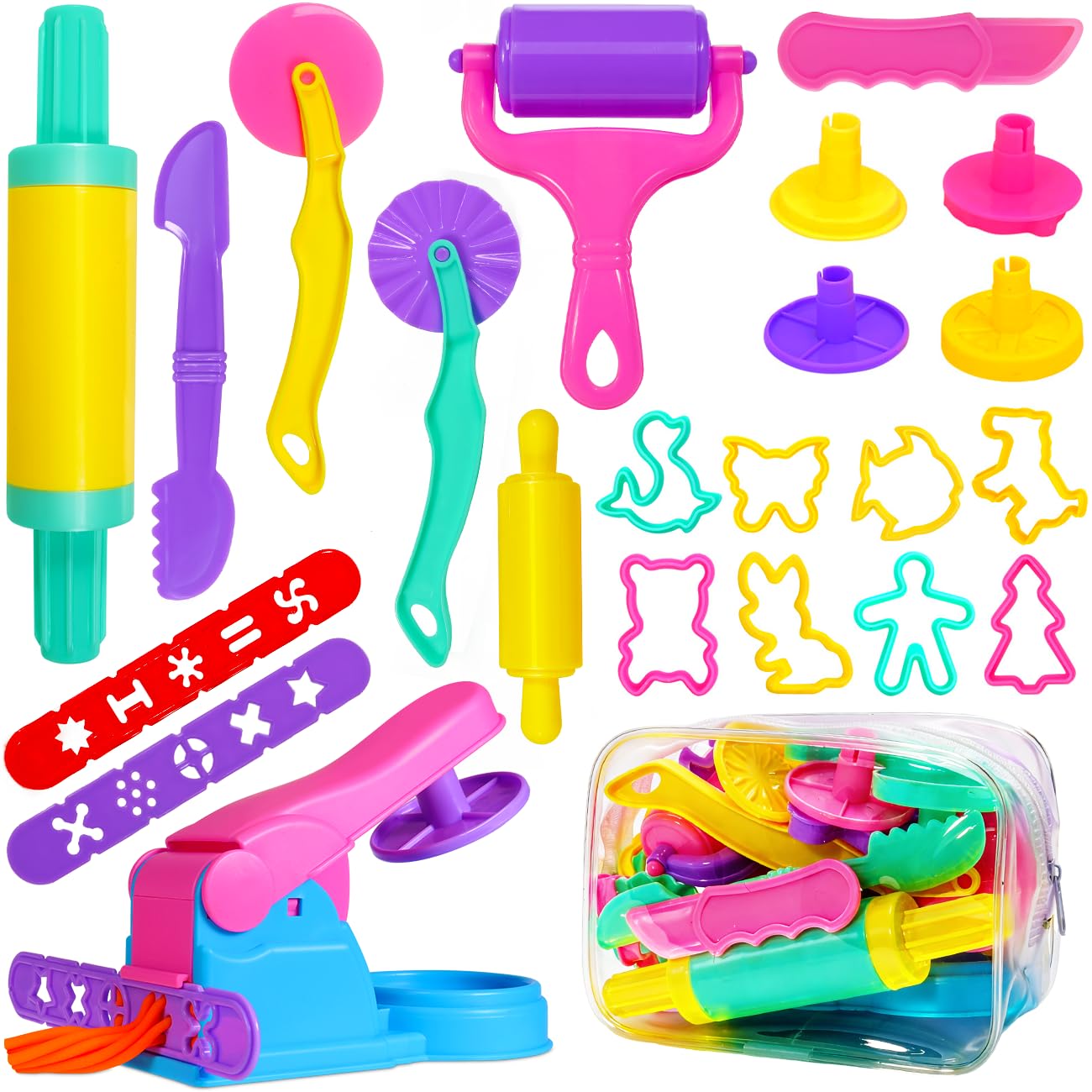 Jiosdo Dough Tools and Cutters, 22 Pcs Dough Tools Sets for Kids Toddlers, Plastic Accessories Clay Extruders Rollers Molds with Storage Bag, Creation Educational Toy Gift Set