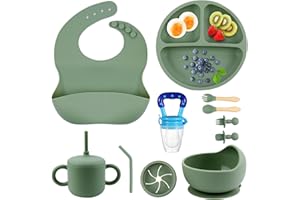 SHGMEET Silicone Baby Feeding Set, BPA Free Baby Feeding Essentials, Baby Suction Bowl, Plates, Bib, Spoons set, Baby Led Weaning Supplies to Develop Self-feeding Skills(Green, No Lid)