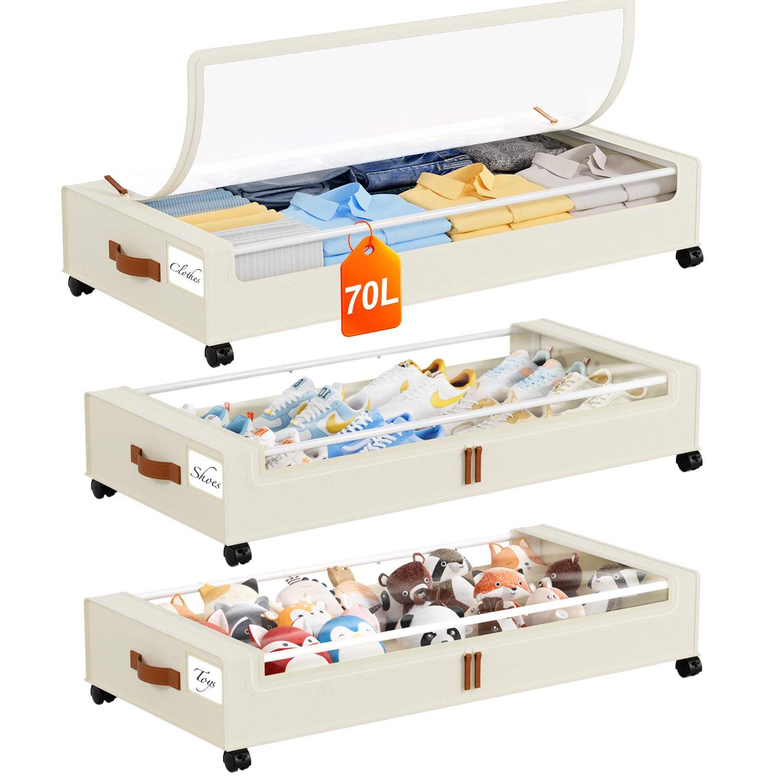 Yecaye 70L Under Bed Storage with Wheels, 3 Pack Larger Capacity Under Bed Storage Containers, Underbed Shoe Storage Organizer, Rolling Under Bed Metal Drawers for Clothes, Blankets, Beige Image