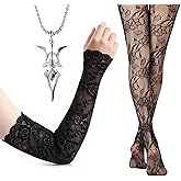 Eye of Death Necklace Missa Cosplay costume Anime jewelry accessories set Solid Colored Fingerless Gloves Stocking Fishnet Tights Garter Belt Stockings for Women 3 Pcs