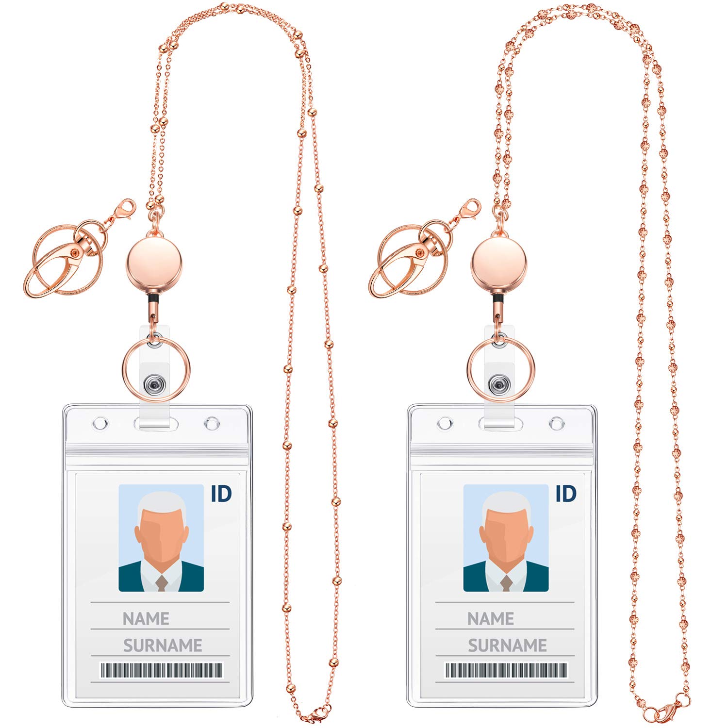 2 Sets Women Beaded Lanyard with ID Holder Retractable Badge Reel Stainless Steel Chain Necklace with 2 Water Resistant Name Badge Holder Clip (Rose Gold)