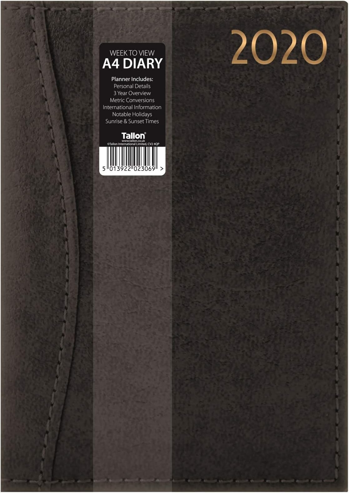 2020 A4 Week to View Diary Leather Premium/Deluxe-Range Embossed and Stitched (Black)