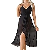 ABAFIP Women Lingerie Wrap V Neck Sexy Split Mesh Sheer Nightdress Strappy Long Nightgown Chemise Sleepwear