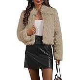 AMZANGEL Women's Collared Faux Fur Jacket Cropped Winter Zipper Long Sleeve Fluffy Short Coat with Pockets