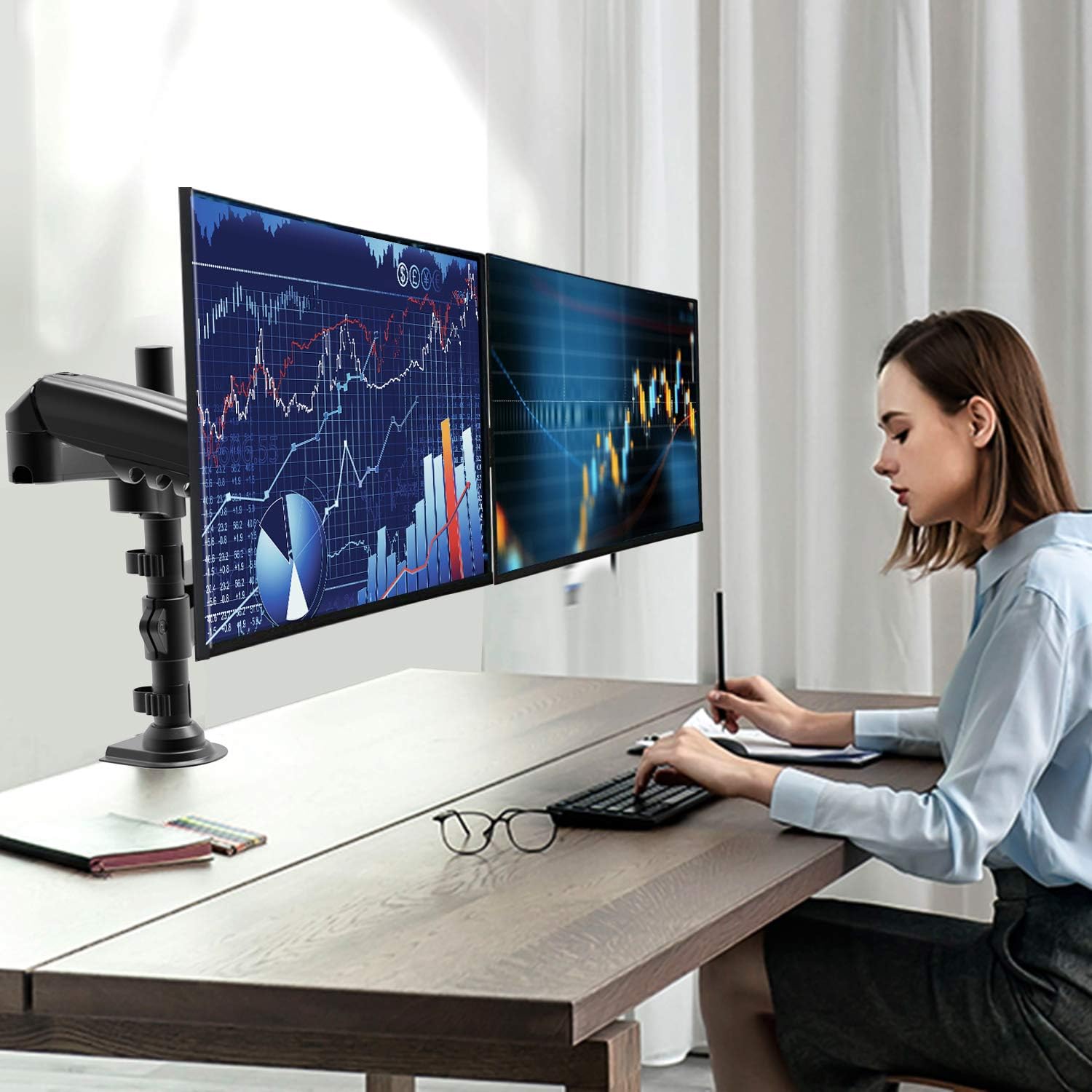 Dual Monitor Stand - Height Adjustable Gas Spring Double Arm Monitor Mount Desk Stand Fit Two 17 to 32 inch Screens with Clamp, Grommet Mounting Base, Each Arm Hold up to 19.8lbs : Office Products