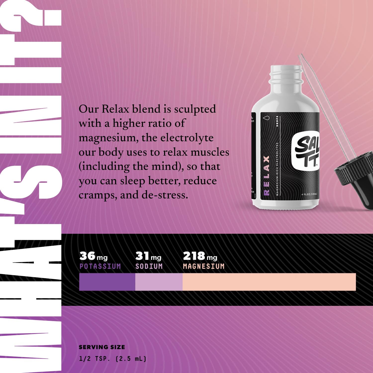 SALTT Relax Magnesium Drops - Ionic Magnesium Chloride w/Sodium, Potassium, Electrolytes - Trace Minerals Drops - Gluten Free, Sugar Free, Keto Friendly - from Utah's Great Salt Lake - 120ml Dropper