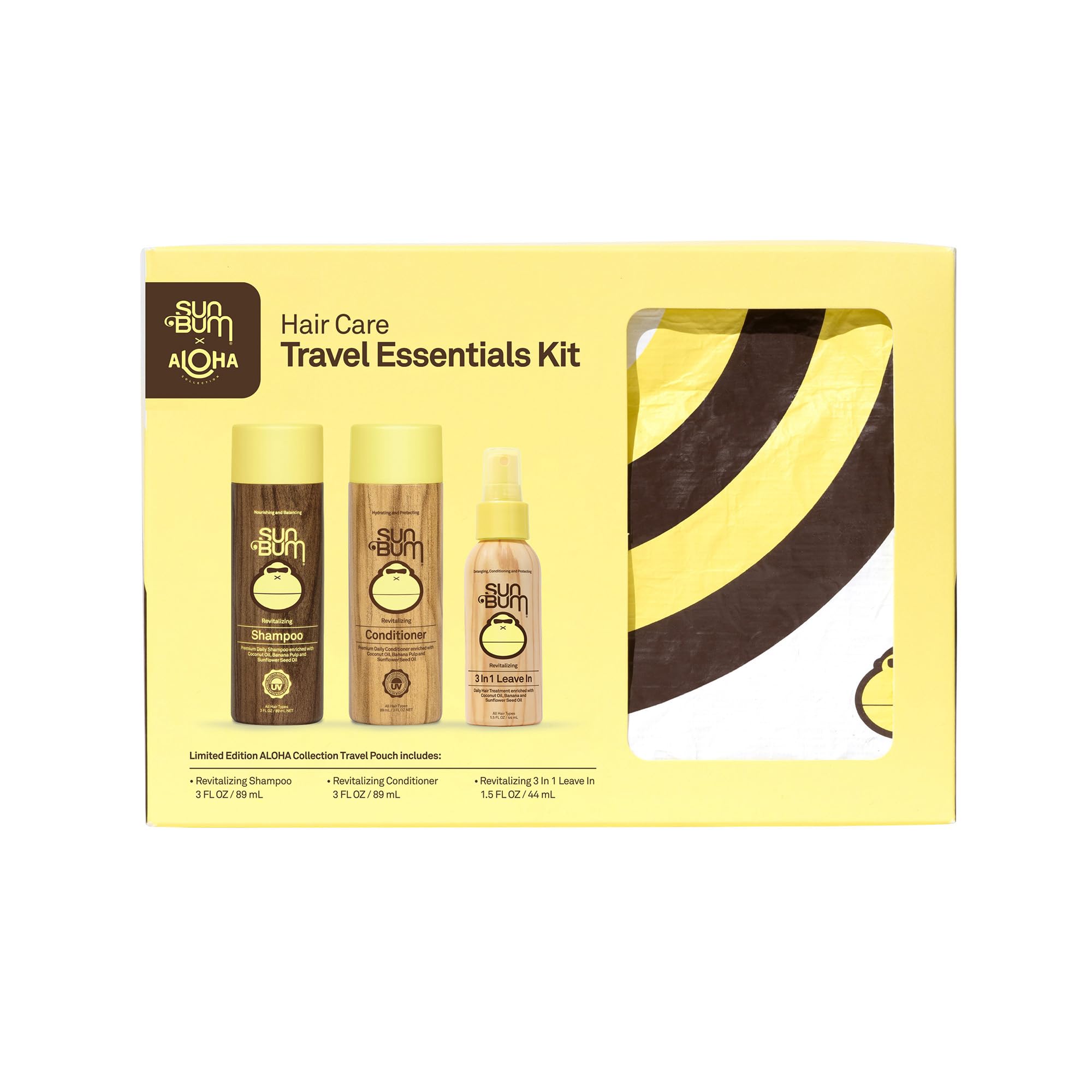Sun Bum Hair Care Travel Essentials Kit - Revitalize Your Hair With Revitalizing Shampoo, Conditioner, and 3-in-1 Leave In Treatment - Includes Aloha Collection Travel Pouch