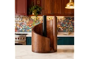 Mountain Paper Towel Holder Countertop with Mango Wood Round Base and Iron Holder, Wood Paper Towel Holders Countertop, Easy 