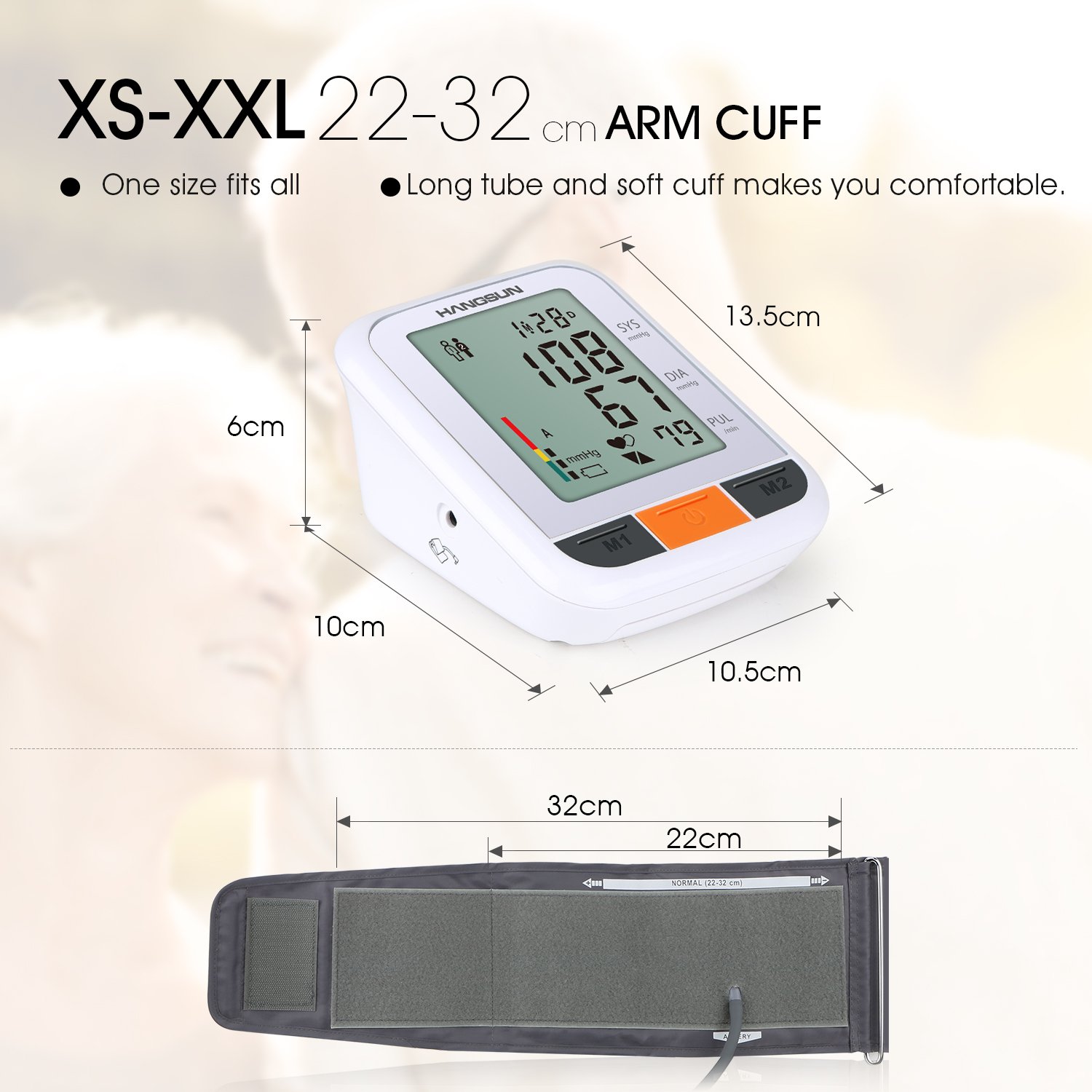 Hangsun blutdruckmessgerät oberarm vollautomatische BM230 mit großem LCD display, 2 Speicher-Plätzen, Universal-Manschette, WHO Anzeige und arrhythmie erkennung
