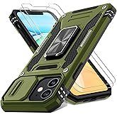 DEERLAMN Case for iPhone 11 with Slide Camera Cover+Screen Protector(2 Packs),Rotated Ring Kickstand Military Grade Shockproof Protective Cover-Olive Green