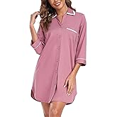 COLORFULLEAF Women's 100% Cotton Nightgowns 3/4 Sleeve V-Neck Sleep Shirt Soft Button Down Pajama Dress