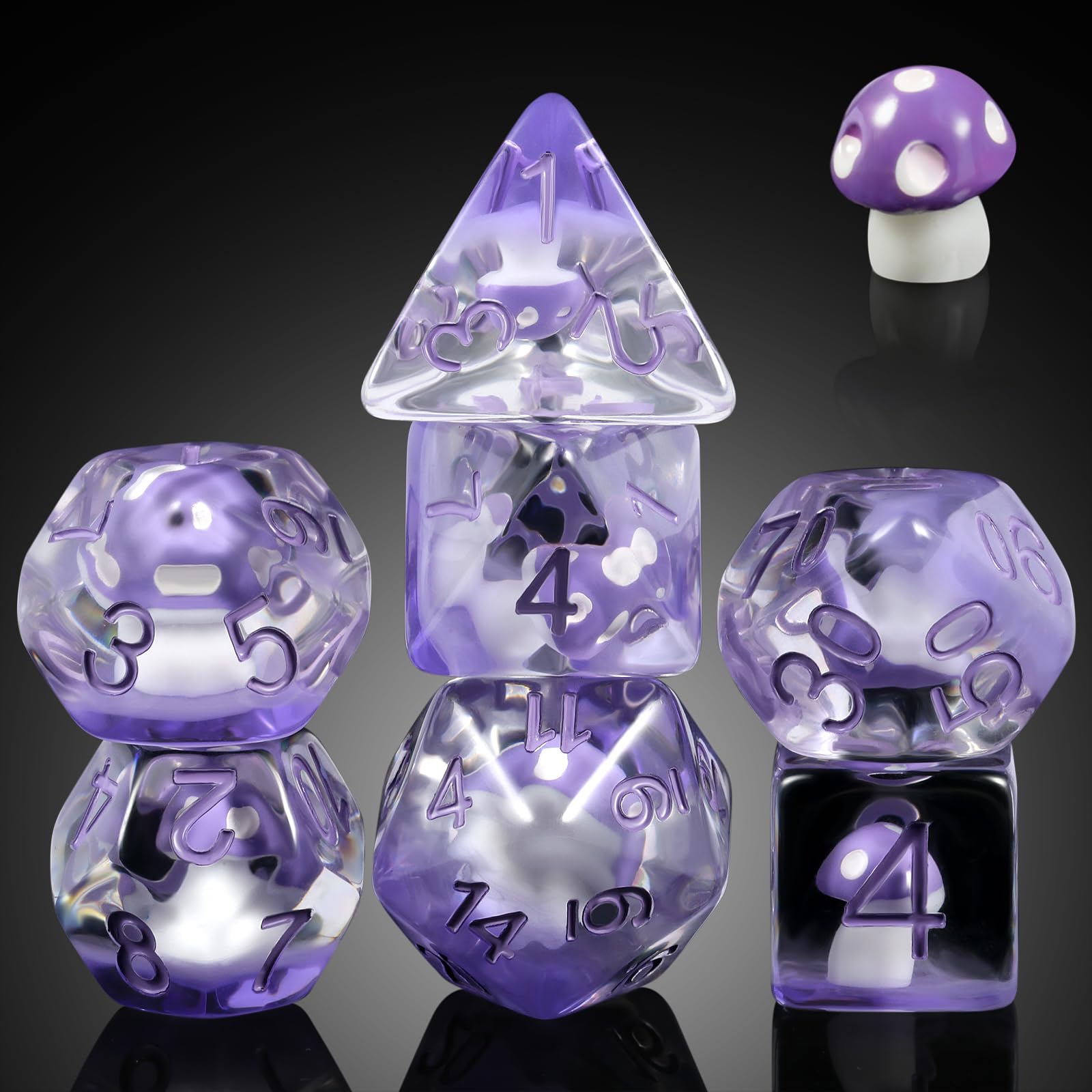 Mushroom Resin Dice Set D&D, DNDND 7PCS D&D Dice Set with Gift Velvet Bag for Dungeons and Dragons Role Playing Games and Tabletop Games（Purple Mushroom — image 1