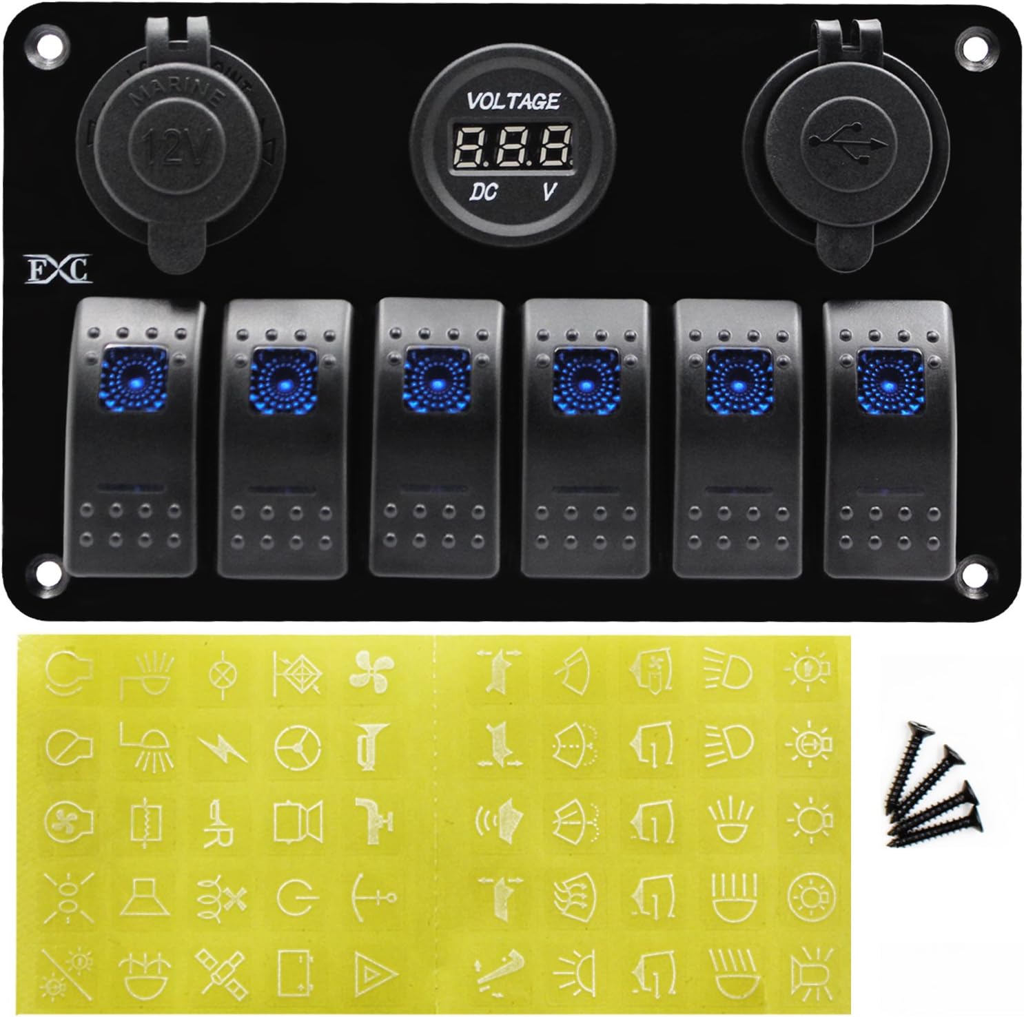 FXC Metal Aluminum Marine Boat Rocker Switch Panel 6 Gang with Dual USB Slot Socket + Cigarette Lighter + Digital Voltage Display LED Light for Car Rv Vehicles Truck : Sports & Outdoors